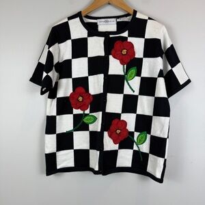 Vtg Marisa Christina Cardigan Sweater Women's M Black White Checked Floral Retro